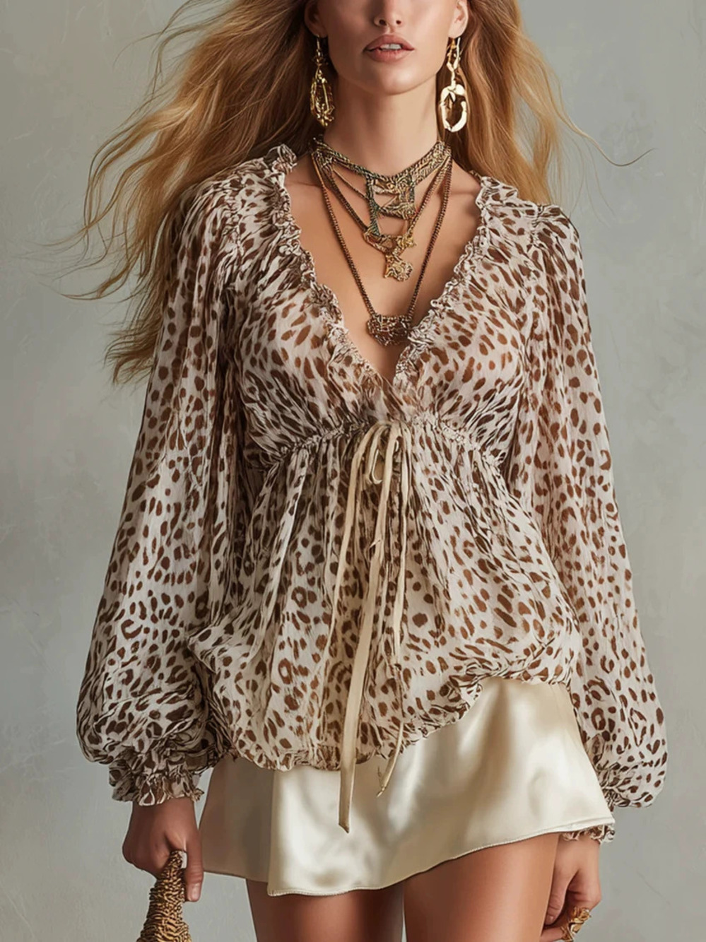 ZARA Womens Leopard Print Chiffon Blouse Drawstring Waist Long Lantern Sleeves